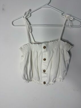 Divided White Smocked Tie-Shoulder Crop Top